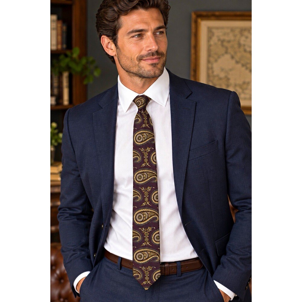 CLAIBORNE Silk Paisley Tie Burgundy Gold Beige Woven Pointed Mens 1pc